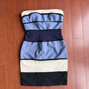 Blue and Cream Striped Strapless Mini Bodycon Dress